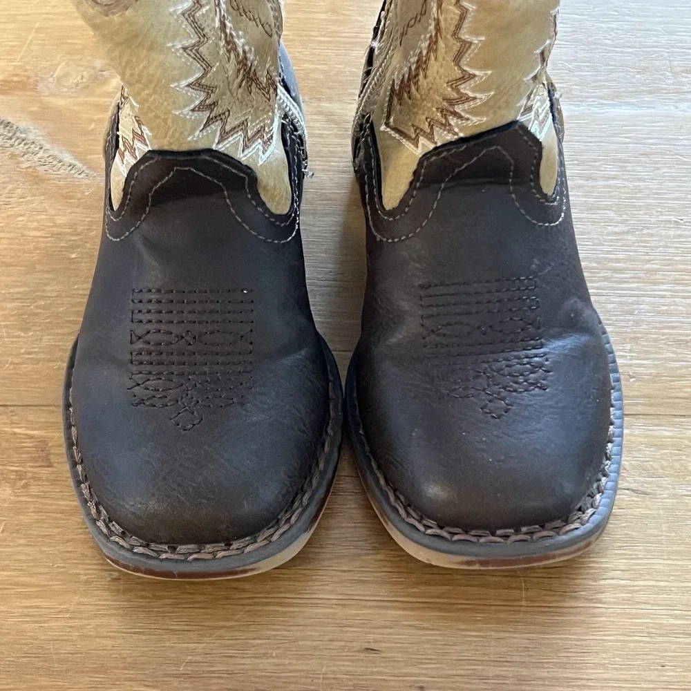 Roper Toddler Cowboy Boots Western Brown Tan Zip Size 6 Faux Leather Square Toe